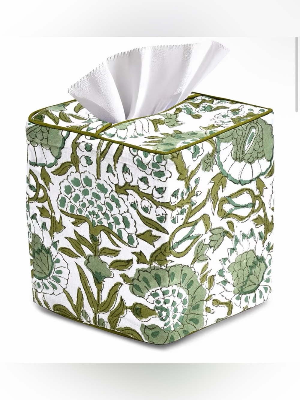CPC Agate Green Block Print Cotton Tissue Box Cover 5" x 5" x 5.5" Inch